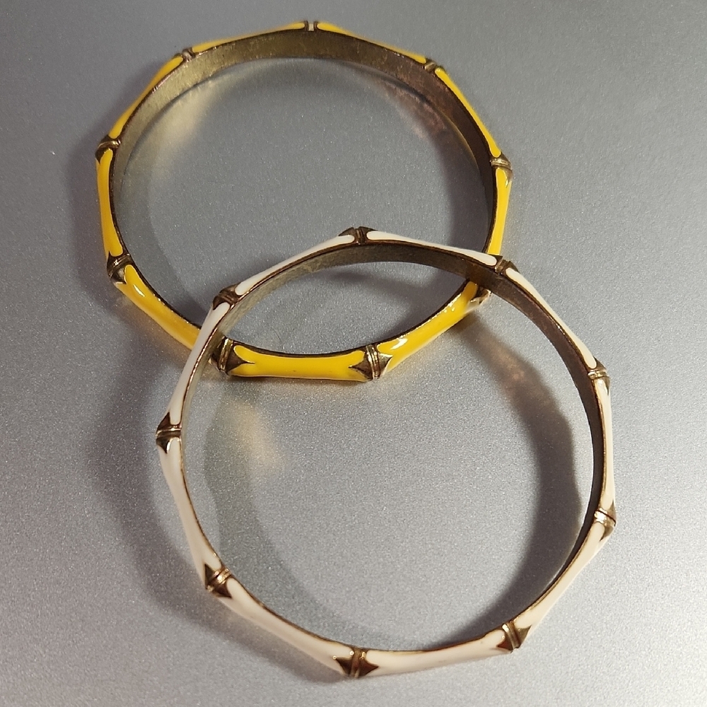 Yellow and Cream Metal Textured Bangle Bracelets